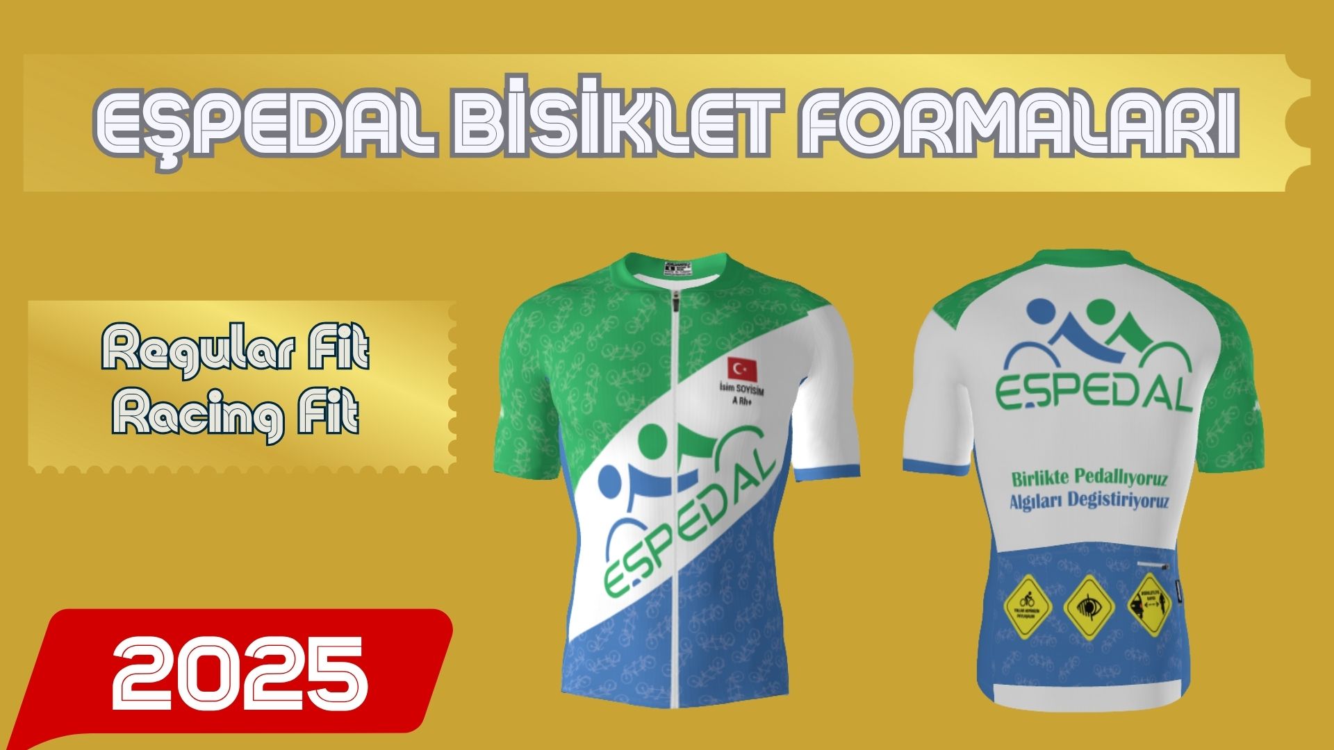 eşpedal bisiklet formaları 2025 regular fit ve racing fit yazıyor. eşpedal forma görselleri bulunuyor