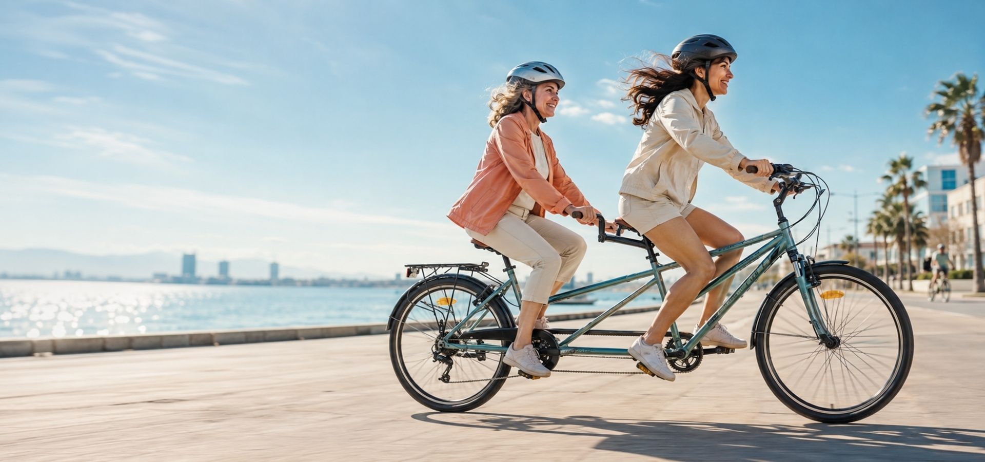 İzmir sahilinde tandem bisikletle aynı ritimde pedal çeviren iki kadın